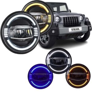 Wrangler Design 200W Thar LED Headlight, 12V, Powerful Beam, Daymaker, H4 to H13 Adapters, Plug&Play, Pack of 2, For Mahindra Thar, Jimny